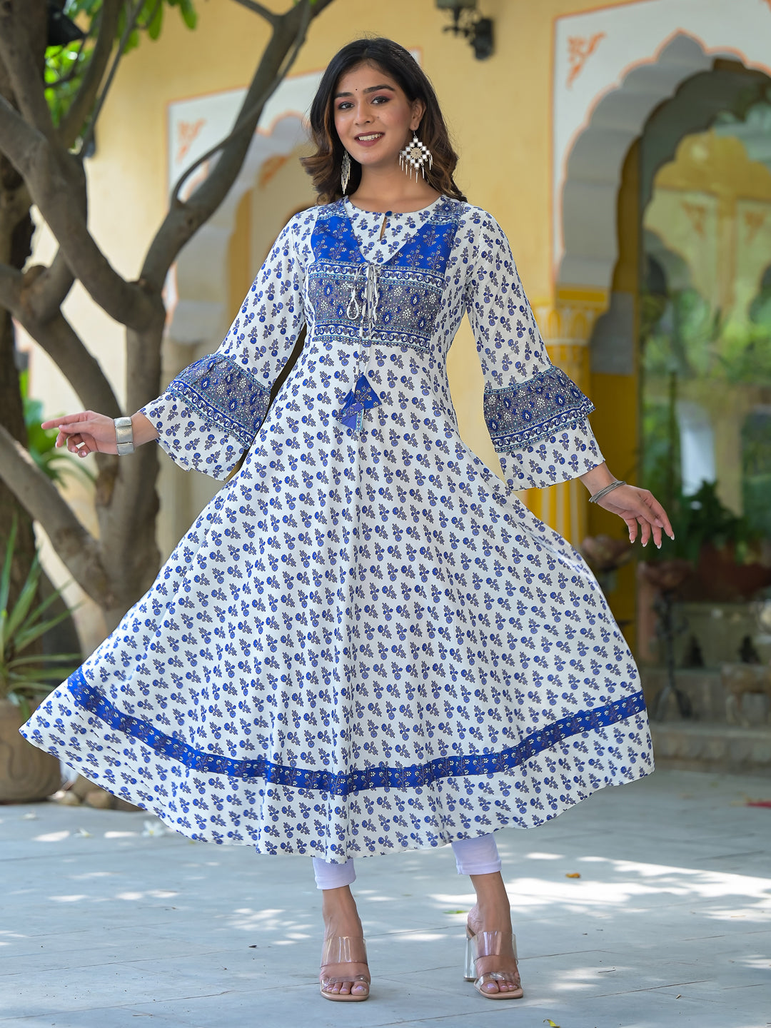 yash gallery womens rayon floral printed anarkali kurta white