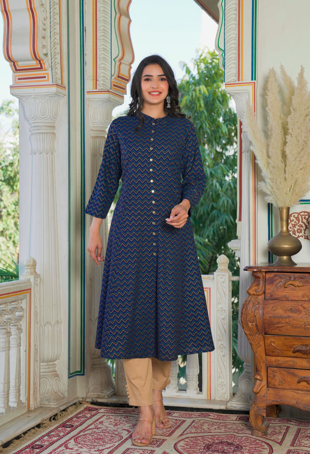 yash gallery women s zig zag printed anarkali kurti blue