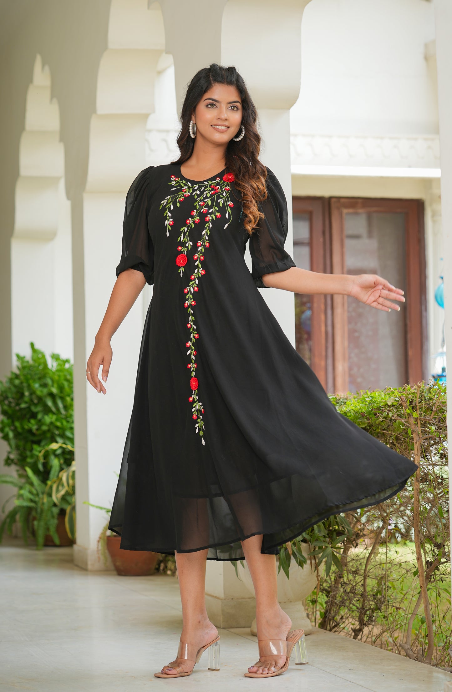 yash gallery womens floral embroidered anarkali dress black