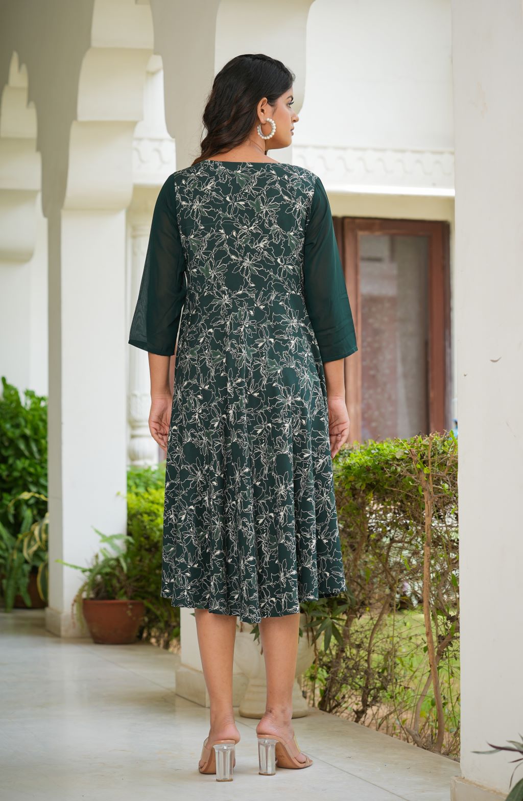 Yash Gallery Women's Floral Printed Jacket Style Anarkali Dress (Green)