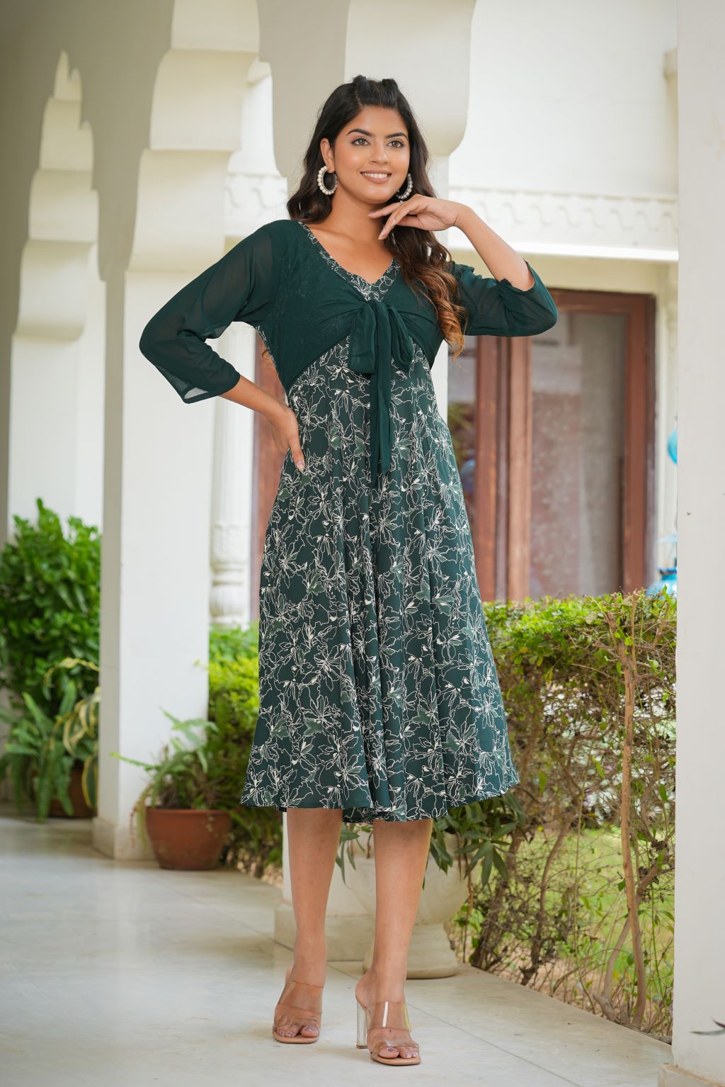 Yash Gallery Women's Floral Printed Jacket Style Anarkali Dress (Green)