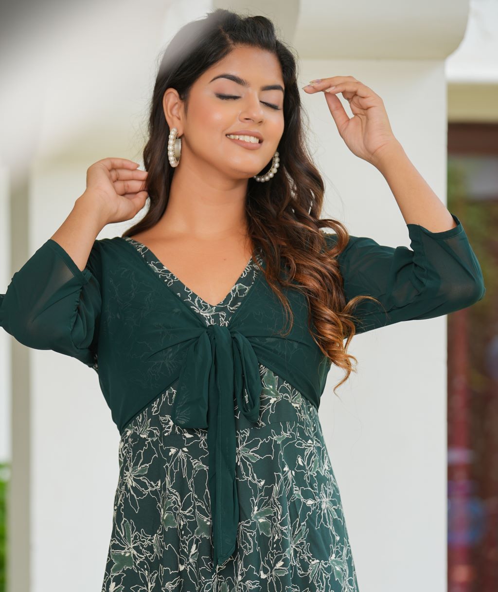 Yash Gallery Women's Floral Printed Jacket Style Anarkali Dress (Green)