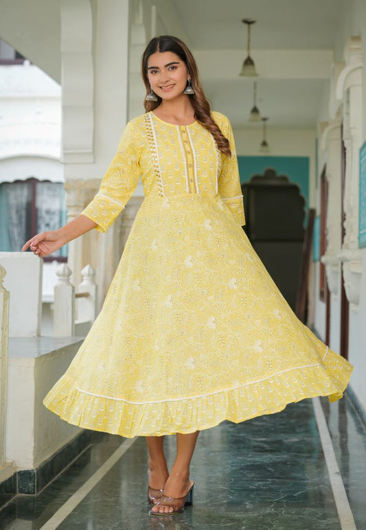 yash gallery womens cotton floral printed embroidered anarkali kurta yellow