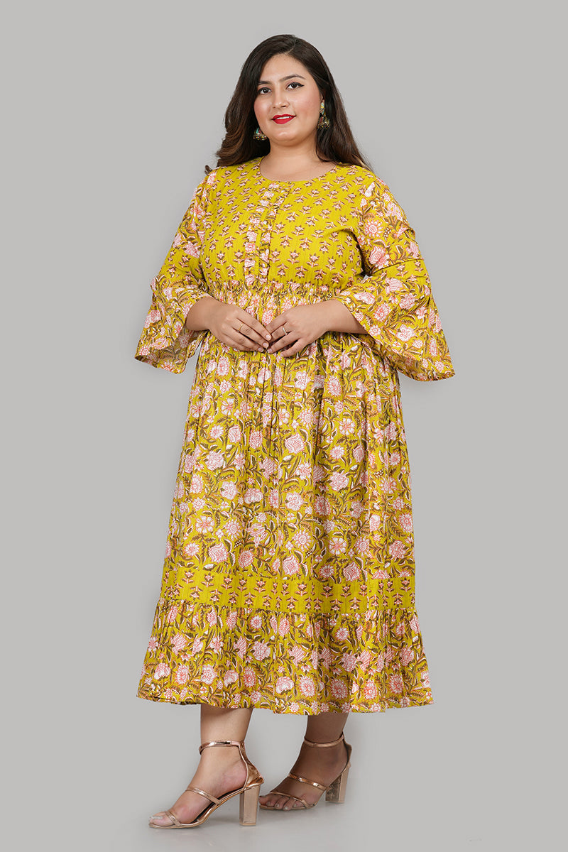 Yash Gallery Women's Floral Printed Anarkali Dress (Green)
