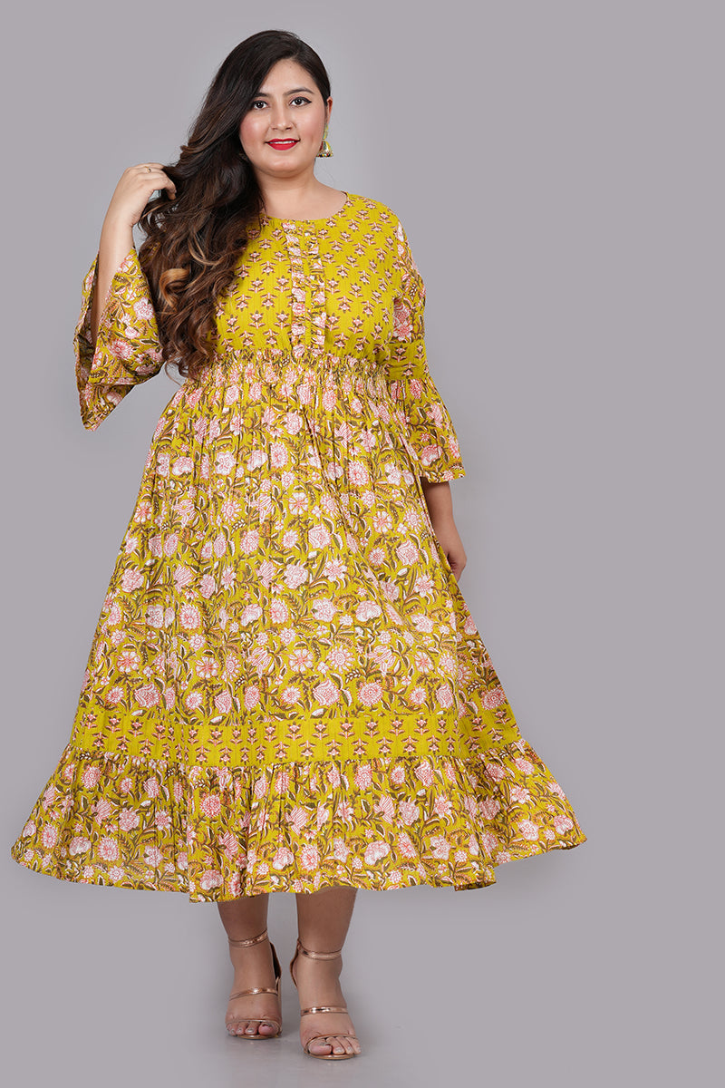 Yash Gallery Women's Floral Printed Anarkali Dress (Green)