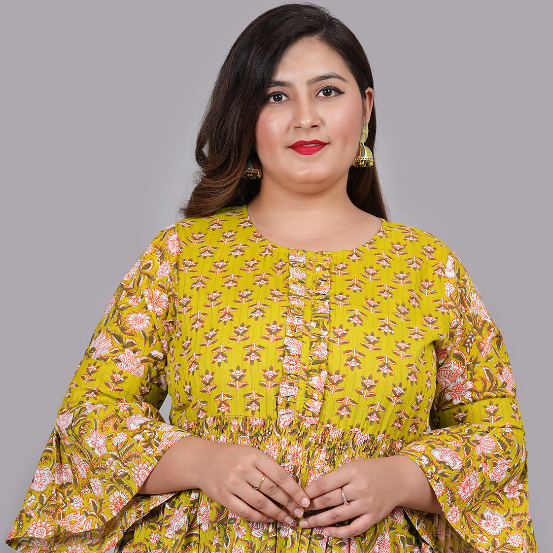 Yash Gallery Women's Floral Printed Anarkali Dress (Green)