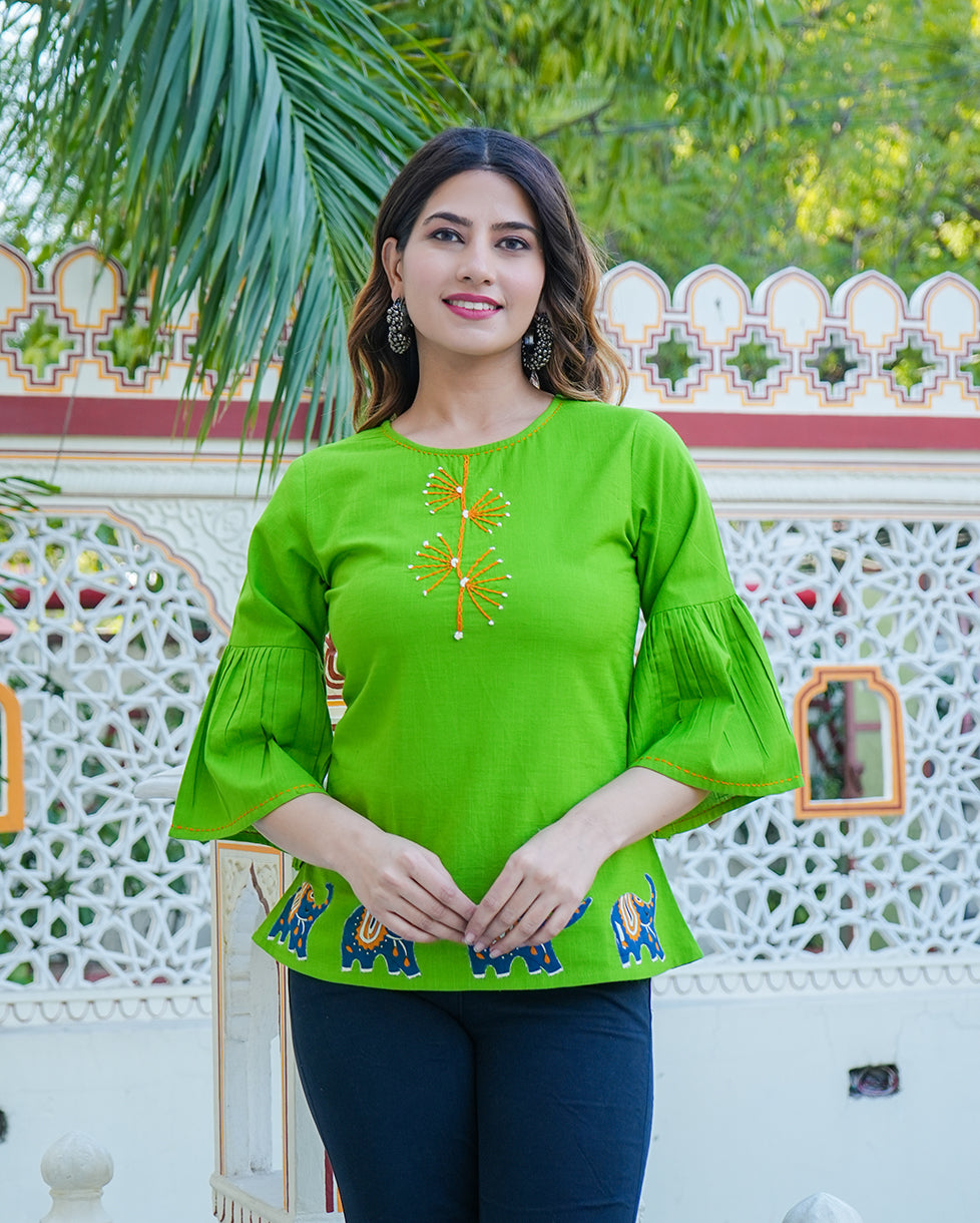 Yash Gallery Women's Cotton Slub Patch Work Top (Green)