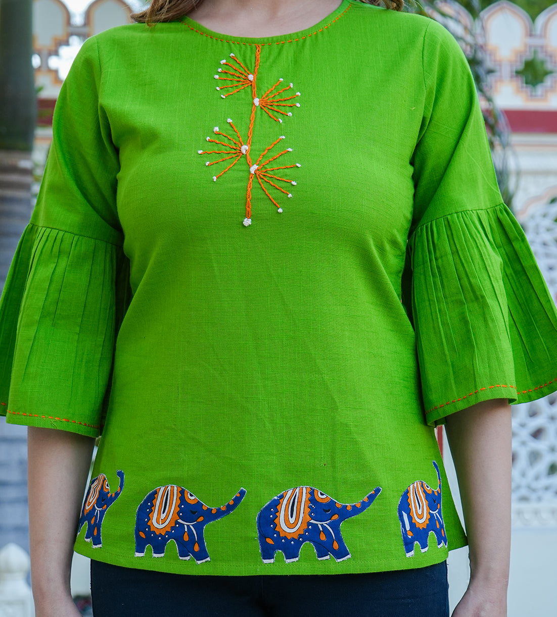 Yash Gallery Women's Cotton Slub Patch Work Top (Green)