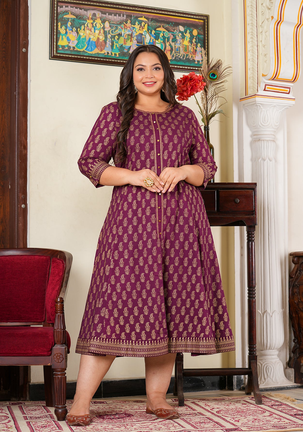 Yash Gallery Women's Cotton Gold Print Anarkali Kurti (Wine)