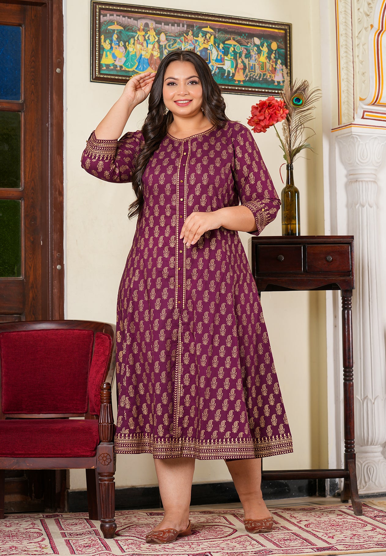 Yash Gallery Women's Cotton Gold Print Anarkali Kurti (Wine)