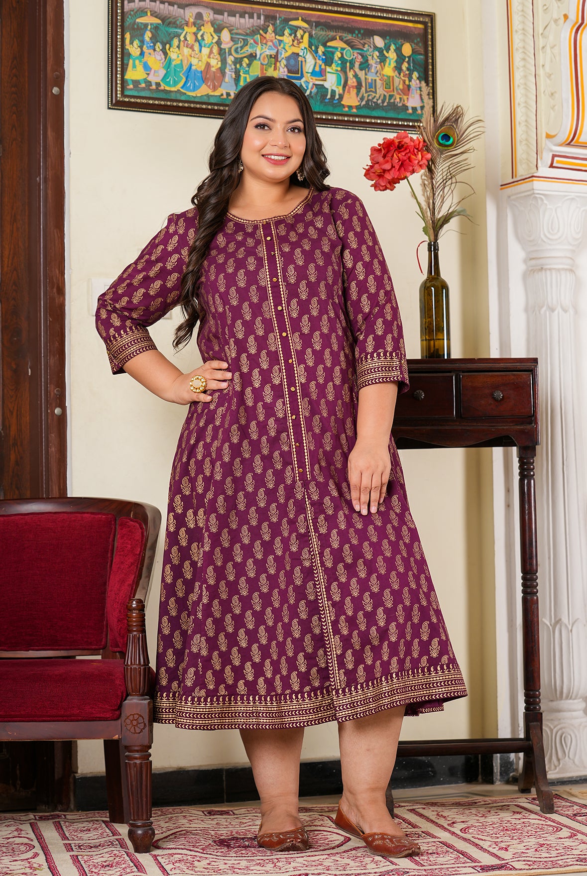Yash Gallery Women's Cotton Gold Print Anarkali Kurti (Wine)