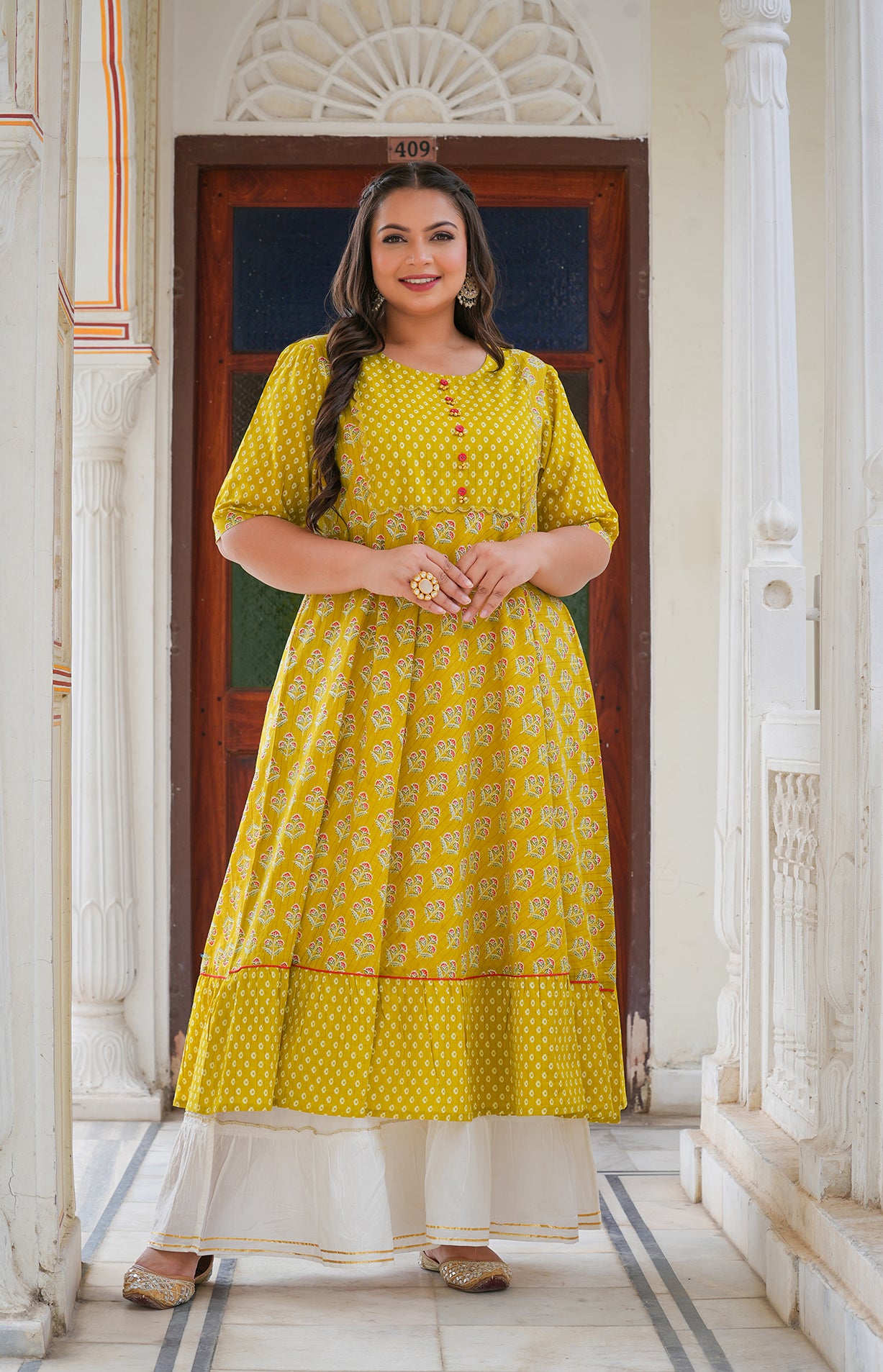 yash gallery womens mustard floral printed anarkali kurti mustard