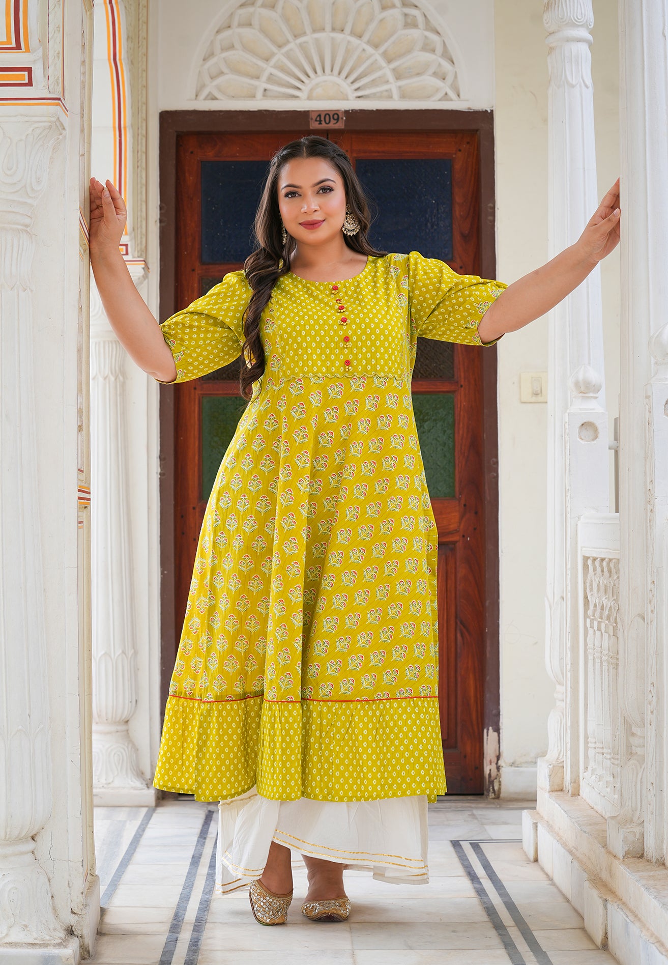 yash gallery womens mustard floral printed anarkali kurti mustard