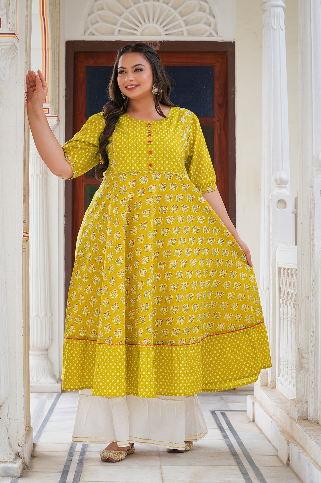 yash gallery womens mustard floral printed anarkali kurti mustard