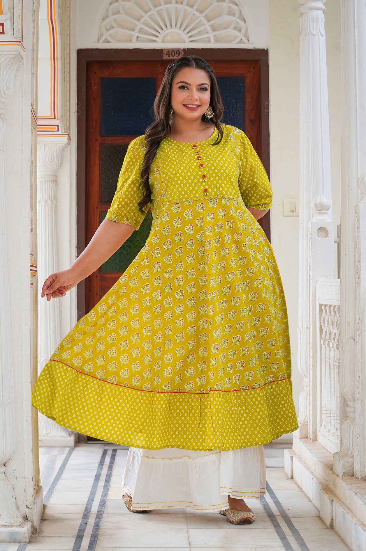 YASH GALLERY Women's Mustard Floral Printed Anarkali Kurti
