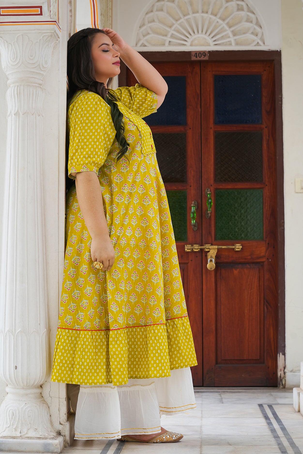 YASH GALLERY Women's Mustard Floral Printed Anarkali Kurti