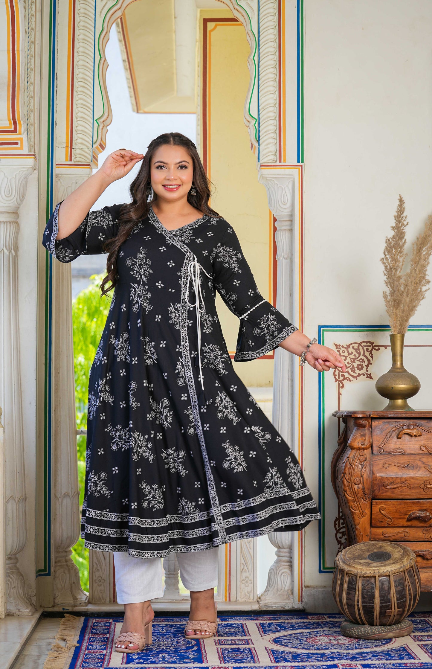 Rayon Floral Print Angrakha Kurta