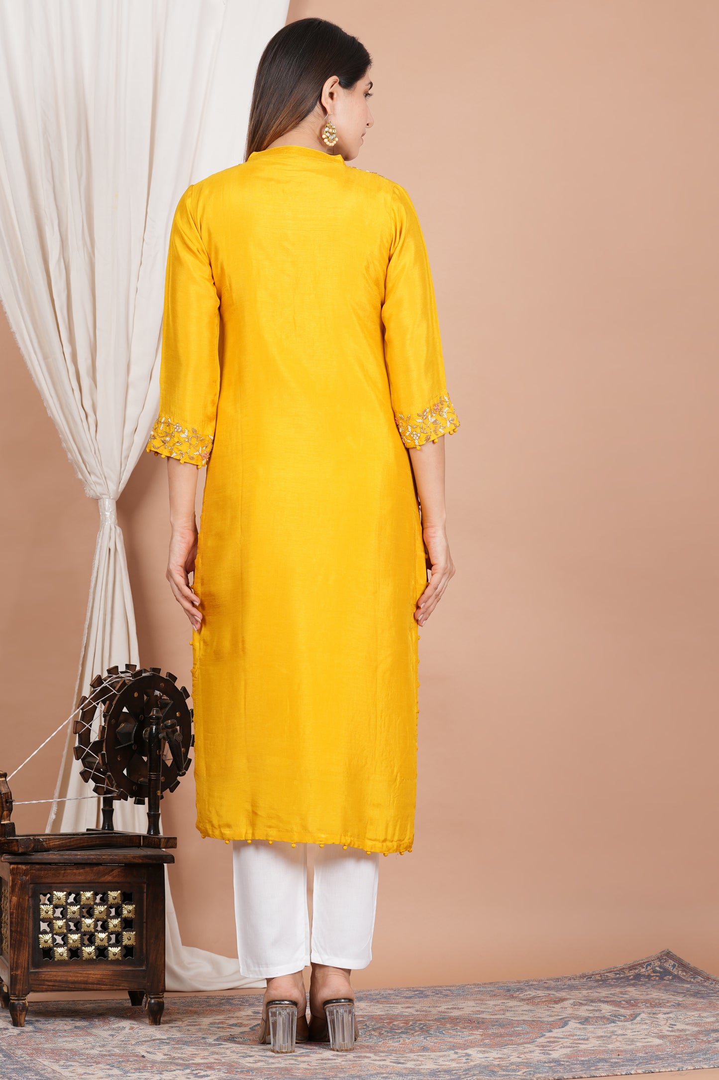 womens tubelight work straight kurta yellow