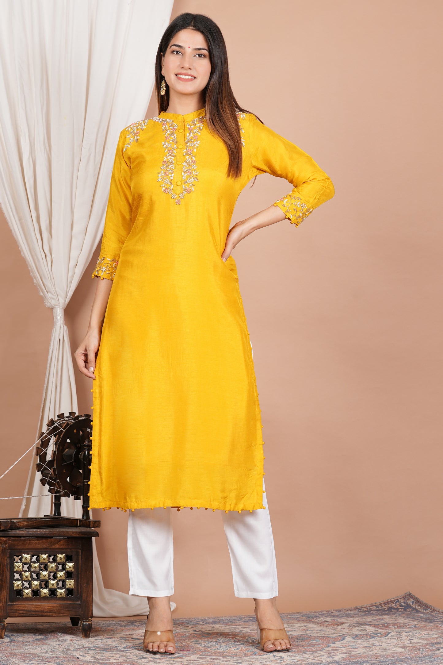 womens tubelight work straight kurta yellow