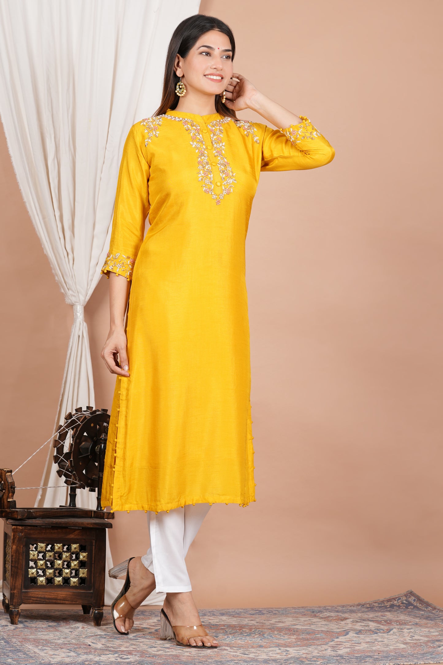 womens tubelight work straight kurta yellow