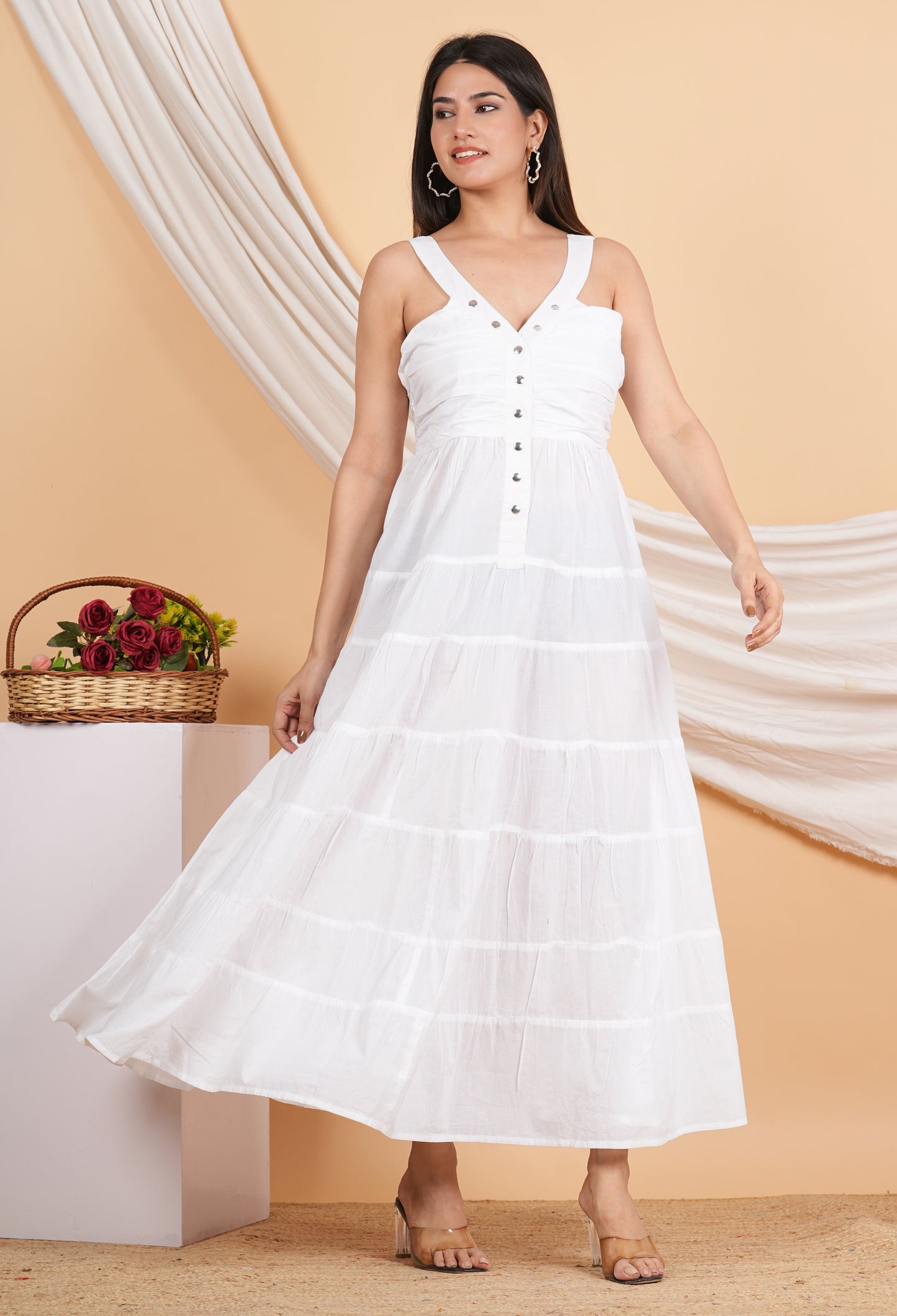 Yash Gallery Women's Cotton Solid Maxi Dress V-Neck OpenUp With Chit Button Summer Boho Dress