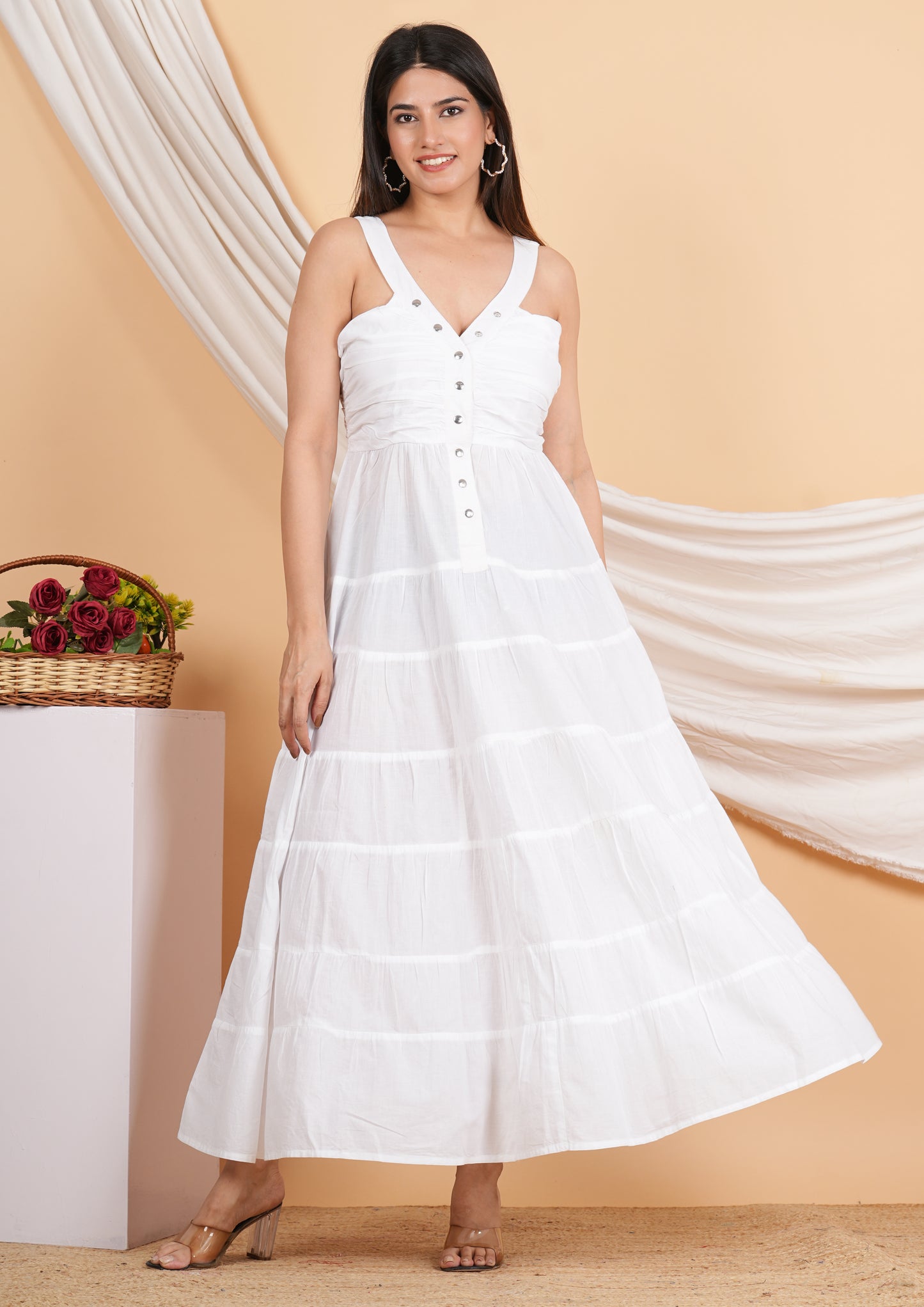 Yash Gallery Women's Cotton Solid Maxi Dress V-Neck OpenUp With Chit Button Summer Boho Dress