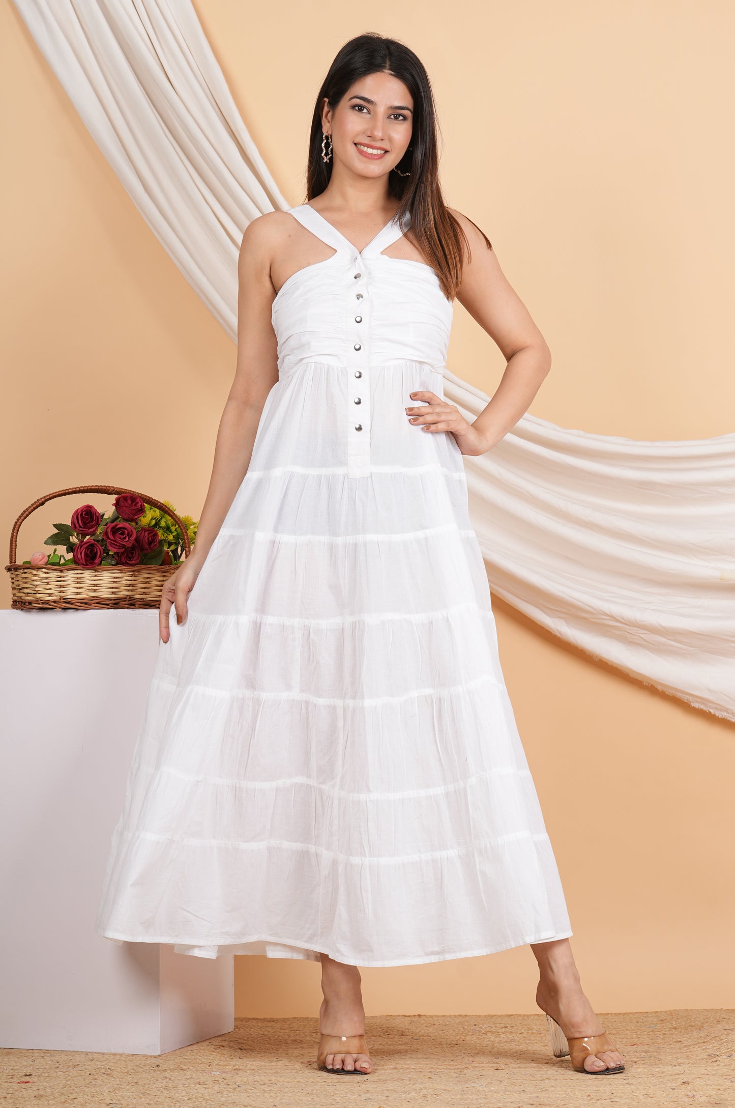 Yash Gallery Women's Cotton Solid Maxi Dress V-Neck OpenUp With Chit Button Summer Boho Dress