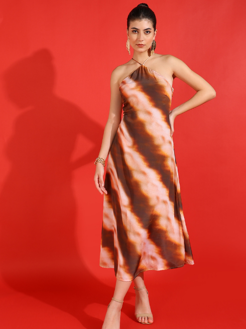 Yash Gallery Women's Multi Polyester Tie & Dye Printed Fitted Dress