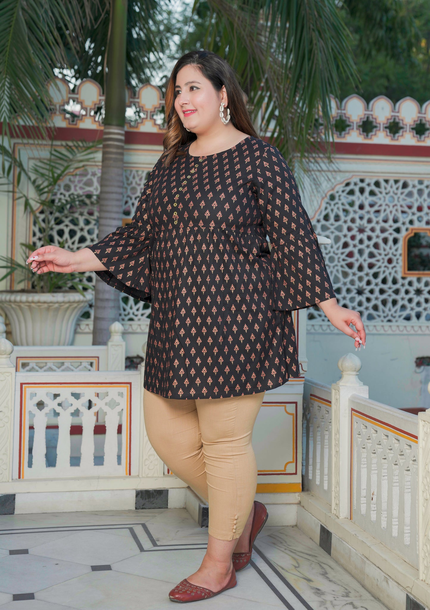 Yash Gallery Women's Plus Size Black Rayon Floral Printed Short Kurti
