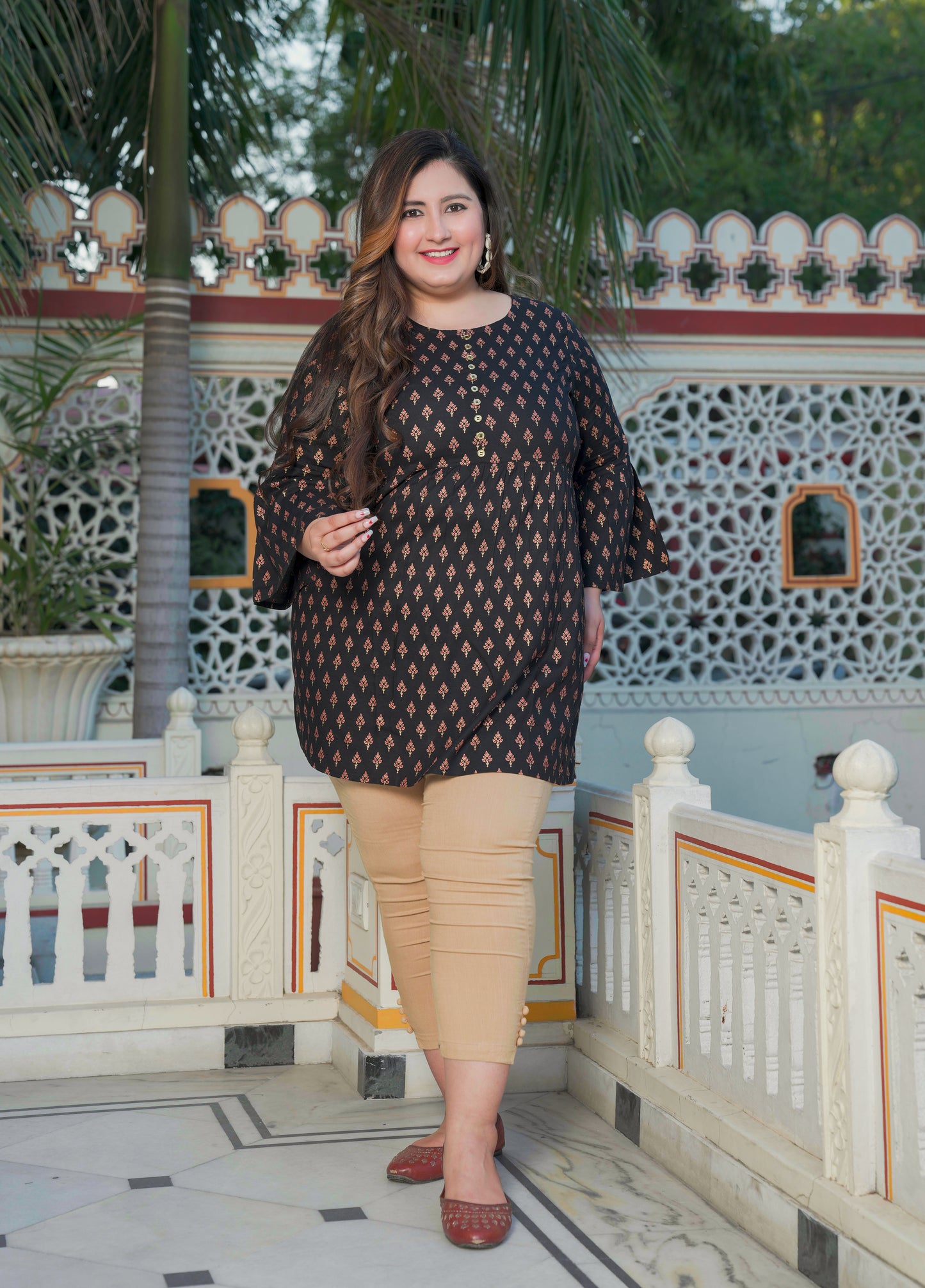 Yash Gallery Women's Plus Size Black Rayon Floral Printed Short Kurti