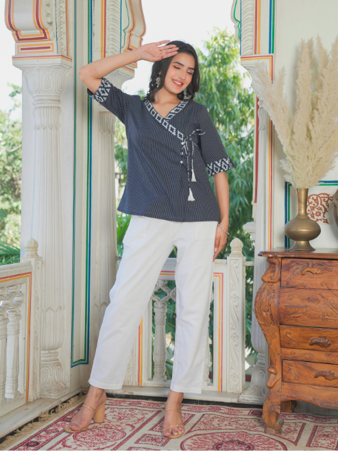 yash gallery womens blue kantha stripe top blue