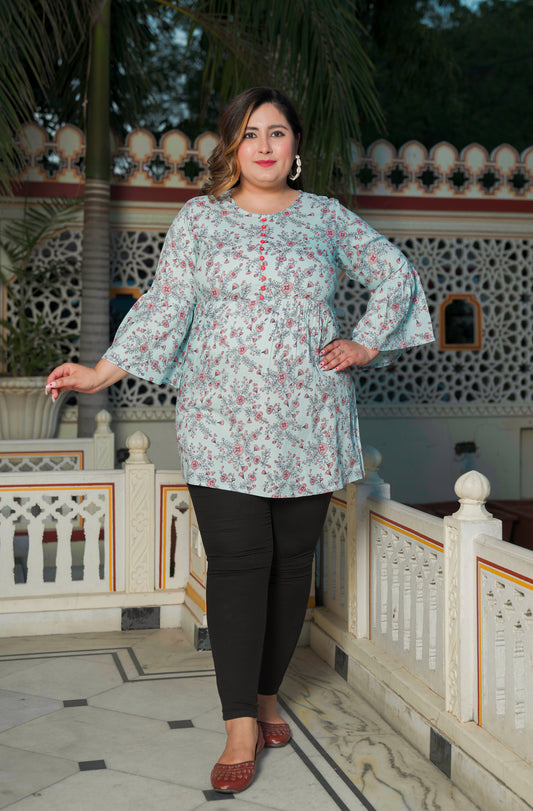 yash gallery womens plus size sky blue rayon floral printed short kurti sky blue