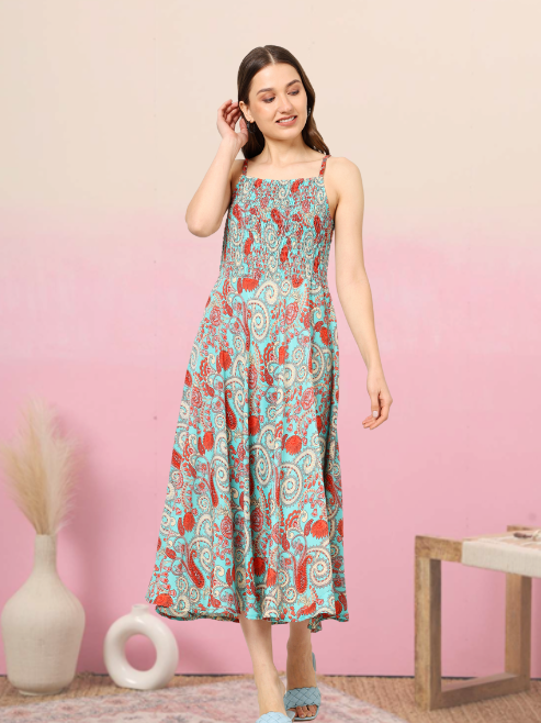 yash gallery womens green floral smoking embroidered flared dress green