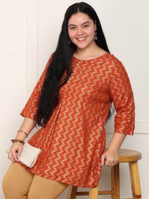 yash gallery womens rayon staple plus size zig zag print a line short kurti orange