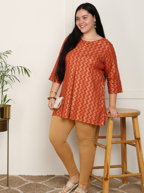 yash gallery womens rayon staple plus size zig zag print a line short kurti orange