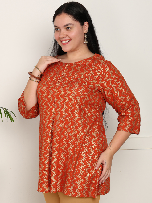 yash gallery womens rayon staple plus size zig zag print a line short kurti orange