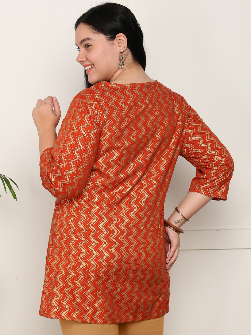 yash gallery womens rayon staple plus size zig zag print a line short kurti orange