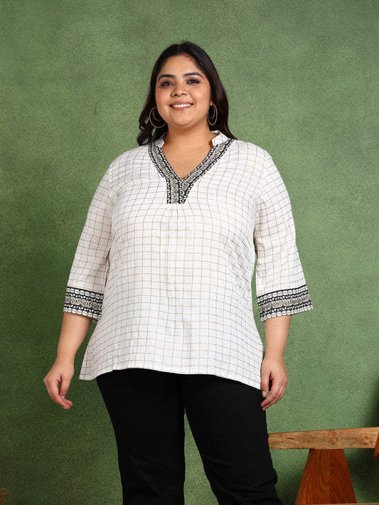 yash gallery womens rayon check print hip length 3 4th sleeve v neck short kurti