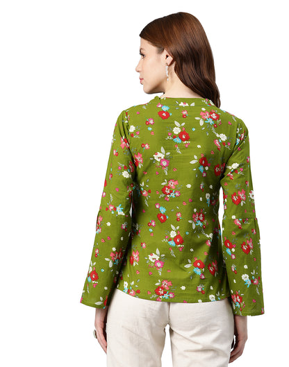 Yash Gallery Women's Cotton Floral Print Regular Top (Green)