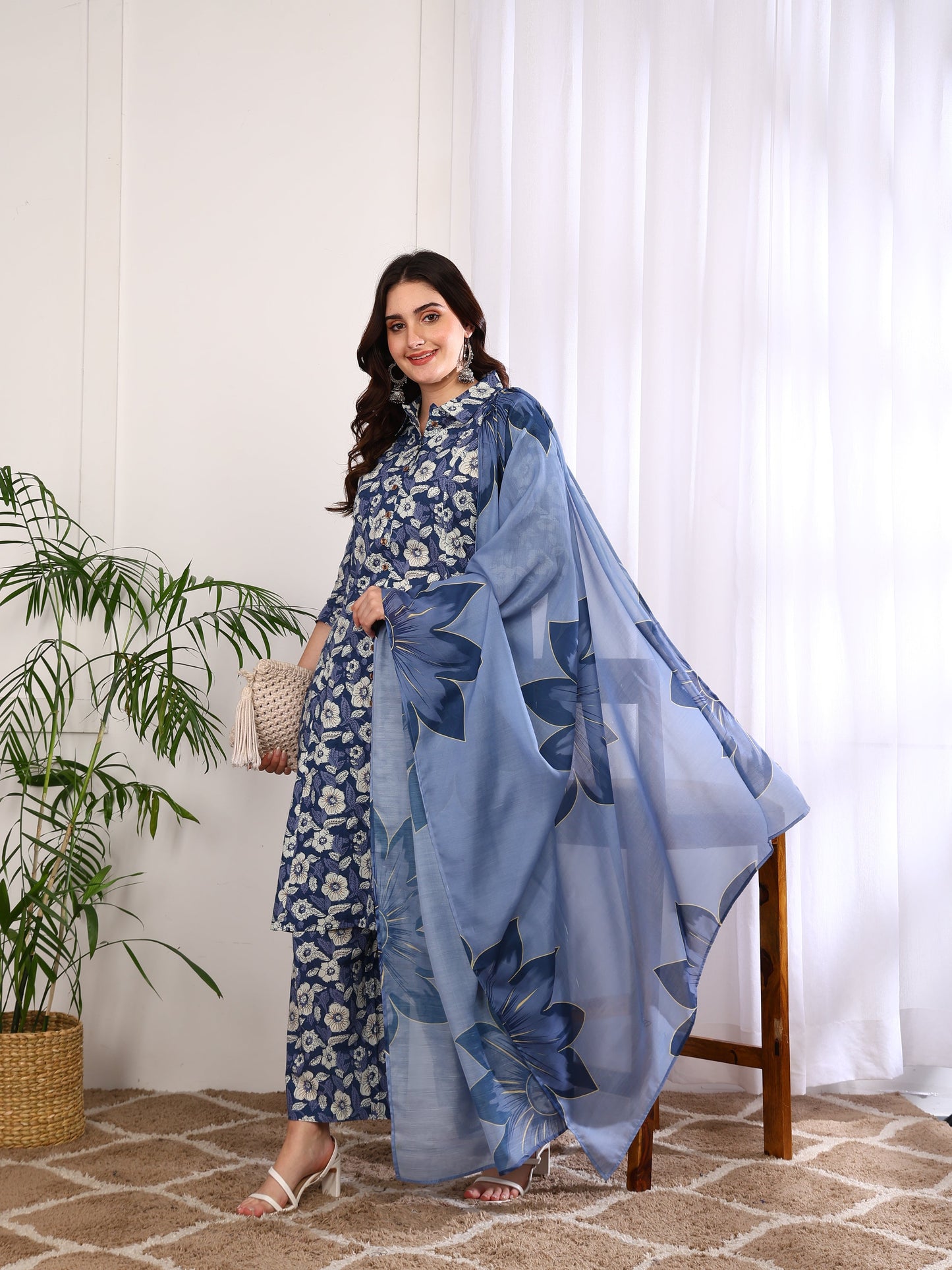 Yash Gallery Women's Printed Cotton Calf Length Mandarin Collar 3/4TH Sleeve Straight Kurta Pant And Duptta