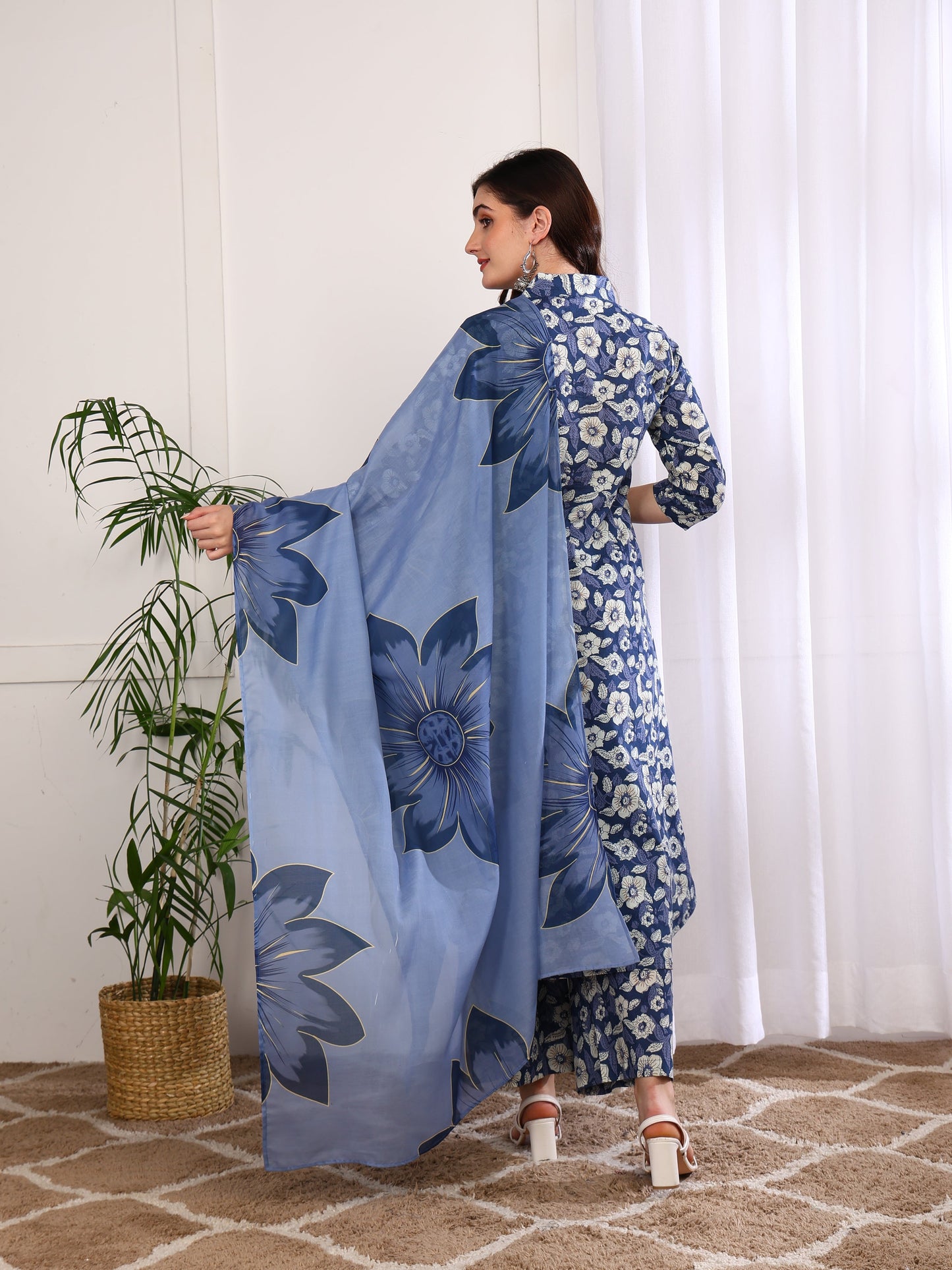 Yash Gallery Women's Printed Cotton Calf Length Mandarin Collar 3/4TH Sleeve Straight Kurta Pant And Duptta