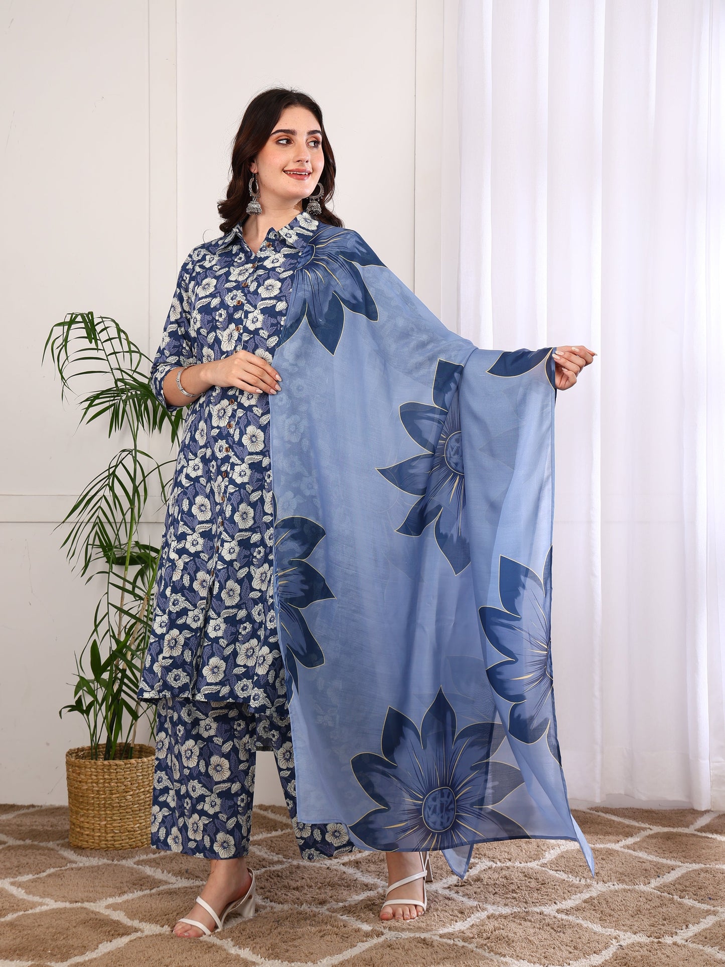 Yash Gallery Women's Printed Cotton Calf Length Mandarin Collar 3/4TH Sleeve Straight Kurta Pant And Duptta