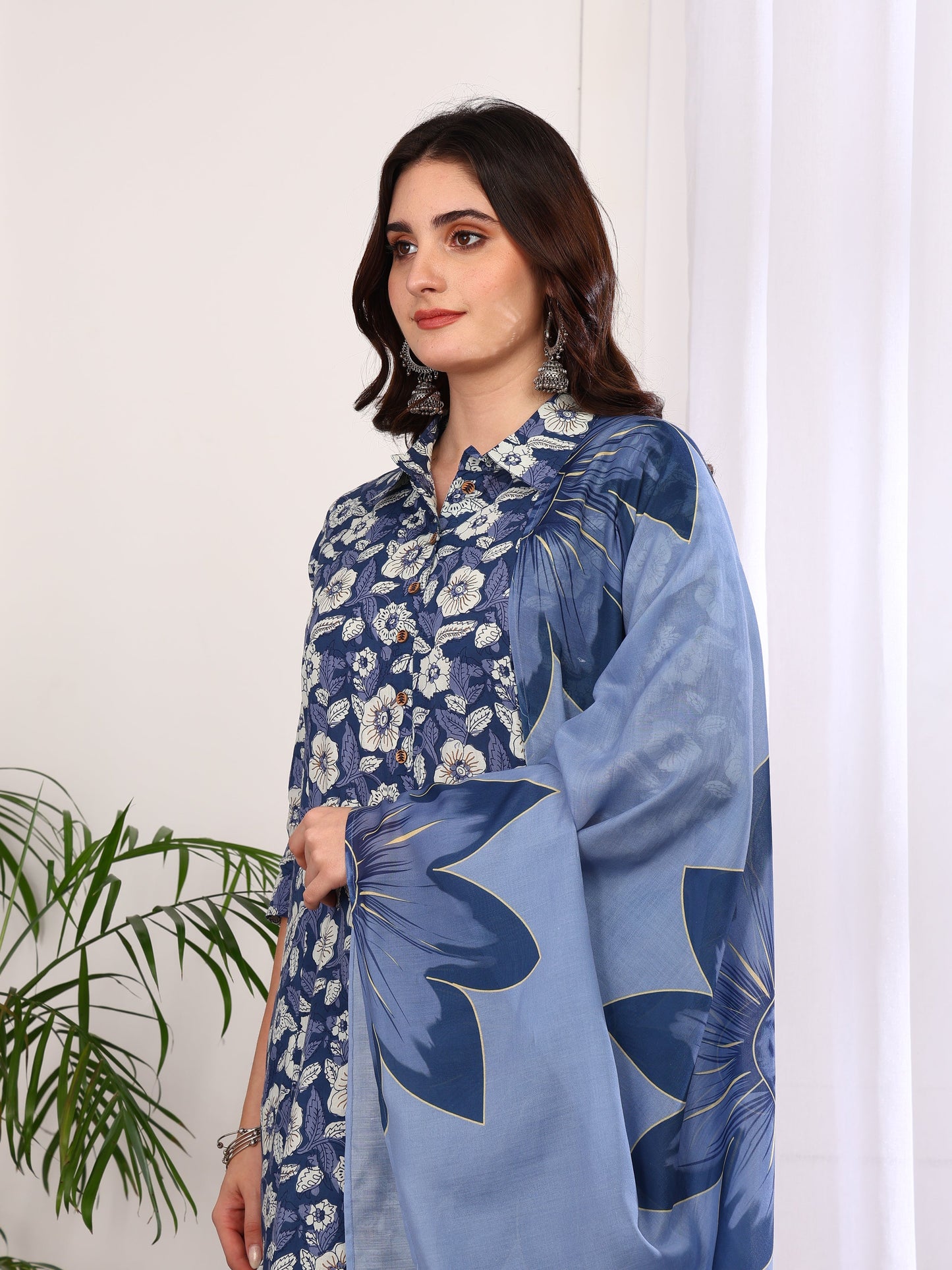 Yash Gallery Women's Printed Cotton Calf Length Mandarin Collar 3/4TH Sleeve Straight Kurta Pant And Duptta