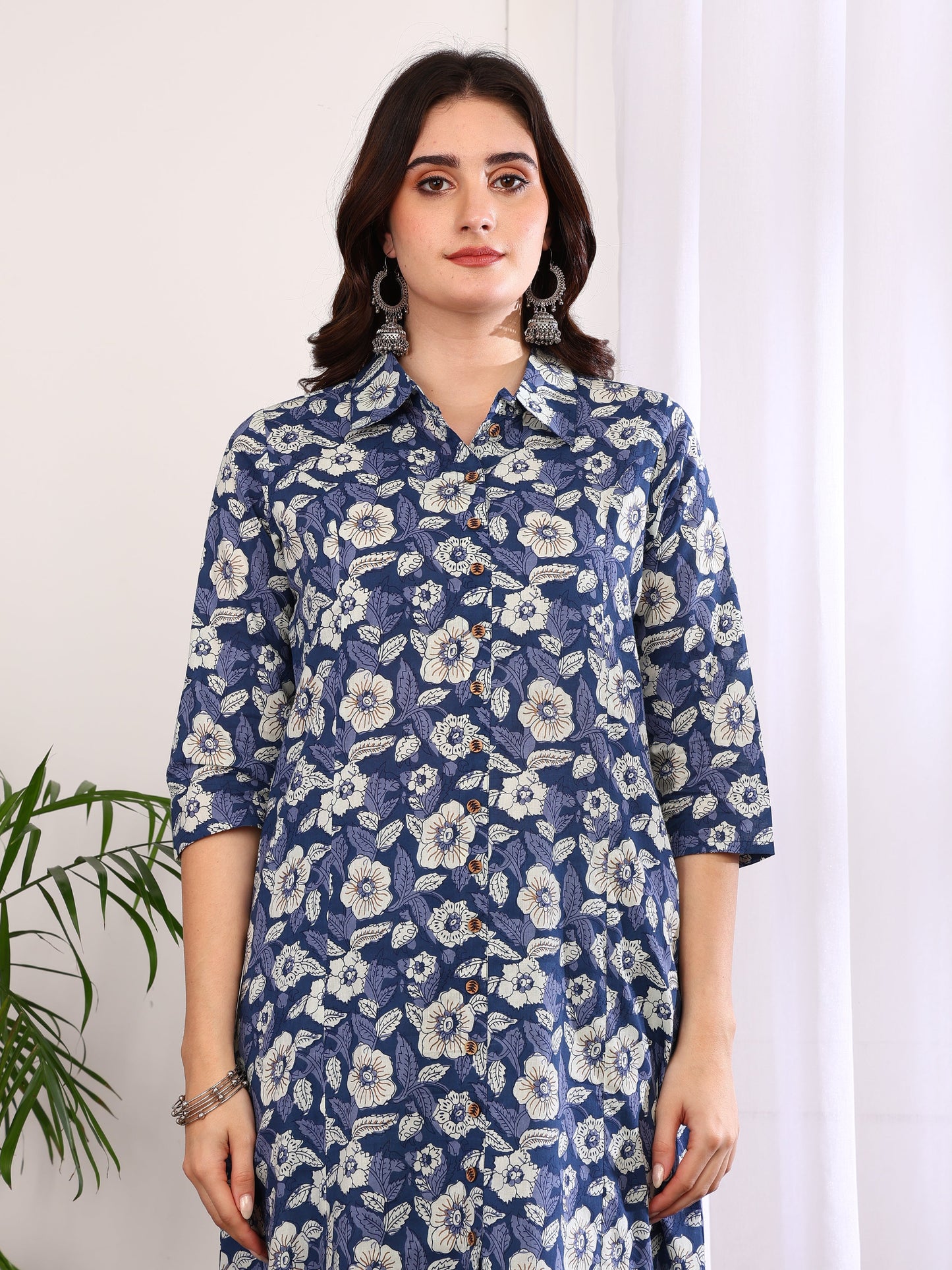 Yash Gallery Women's Printed Cotton Calf Length Mandarin Collar 3/4TH Sleeve Straight Kurta Pant And Duptta