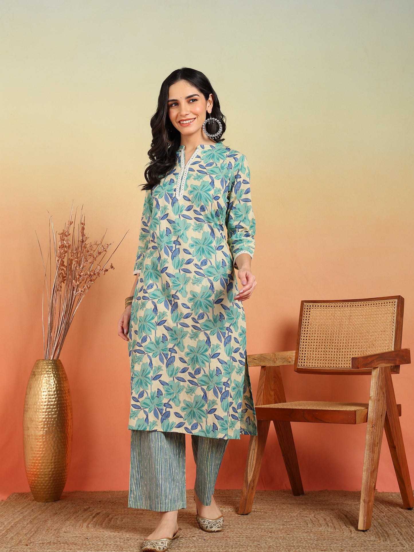Yash Gallery Women's Cotton Flex Calf Length Mandarin Collar 3/4th Sleeves Floral Print Regular Fitted Mirror Work Straight Kurta with Pant