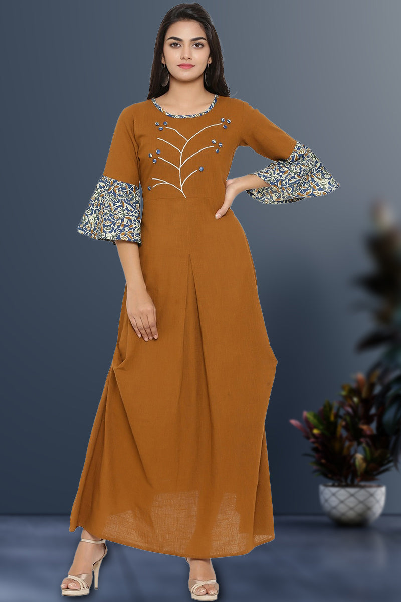 Cotton Blend Embroidery Kurta (Brown)