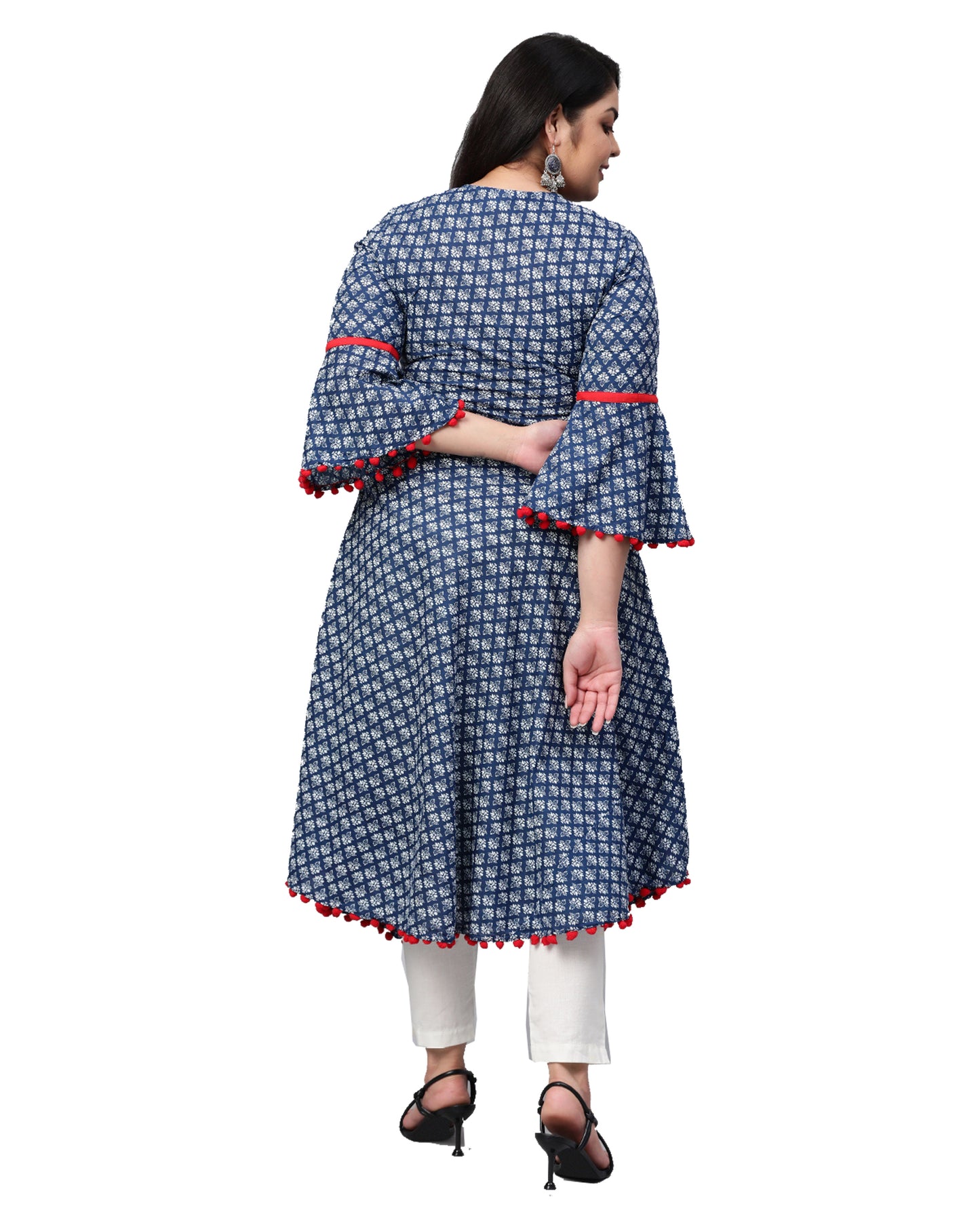 Cambric Cotton Printed Mirror Work A-Line Kurta (Blue)