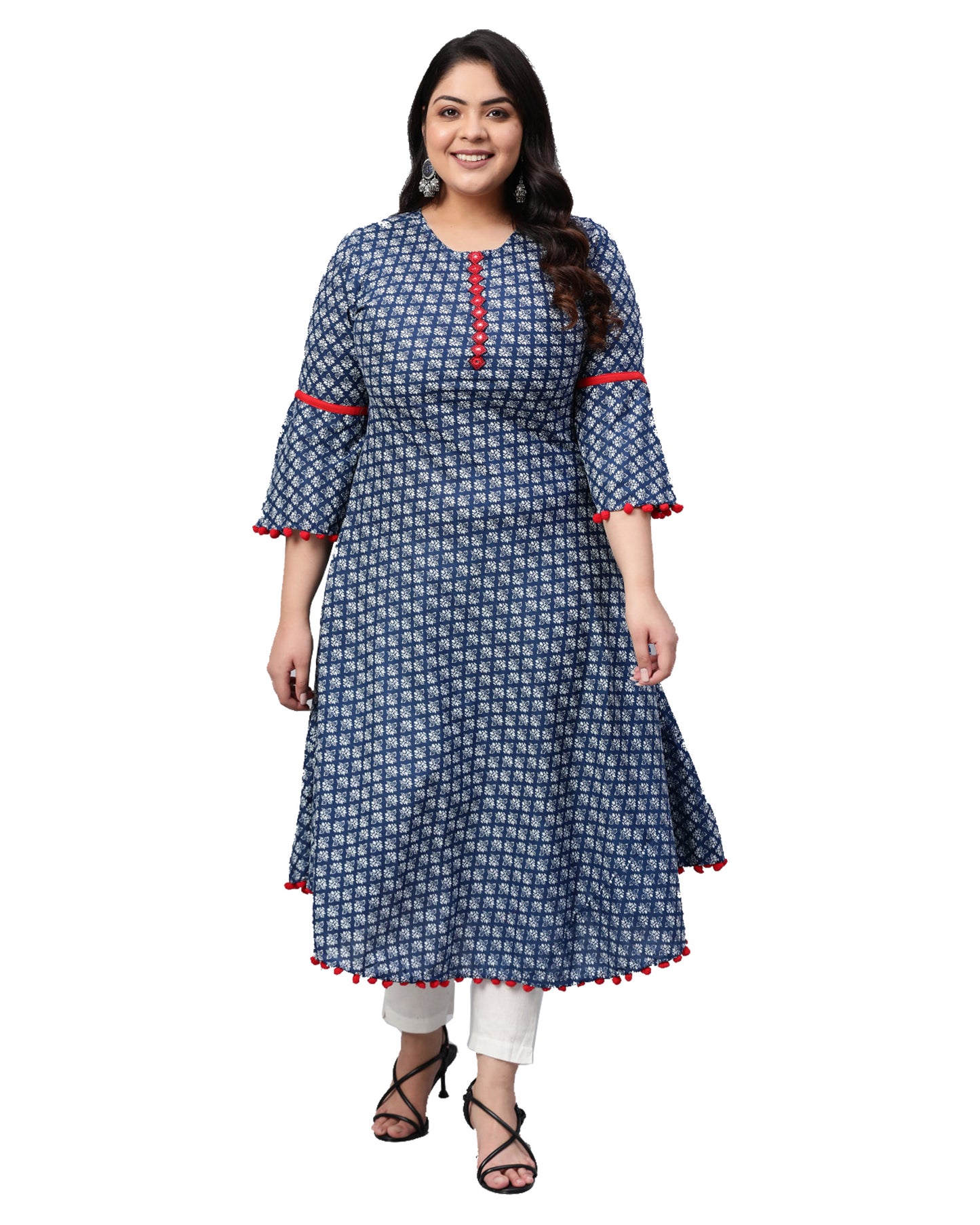 Cambric Cotton Printed Mirror Work A-Line Kurta (Blue)