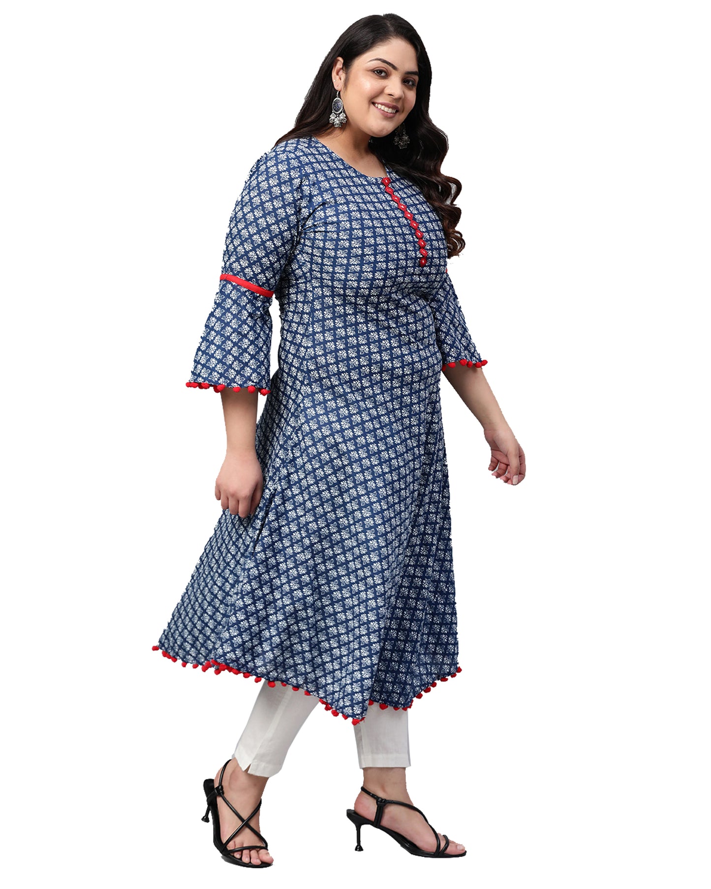 Cambric Cotton Printed Mirror Work A-Line Kurta (Blue)