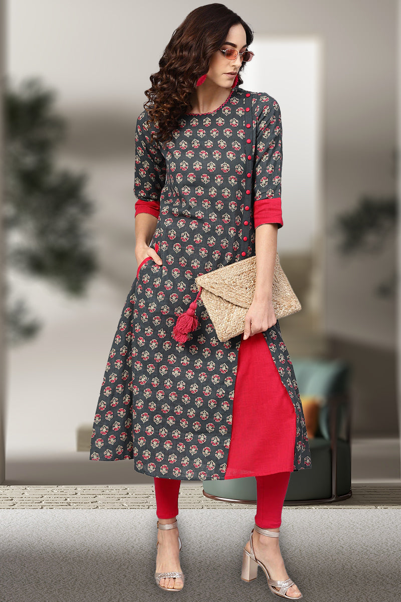 women cotton slub floral printed a line kurta dark grey